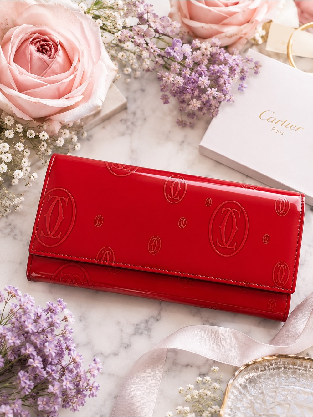 ✨ Cartier Happy Birthday Red Patent Leather Long Wallet Silver Hardware ✨